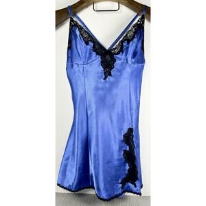 Fredericks of Hollywood Blue Shiny Satin Black Lace Lingerie  Nightgown Sz. M